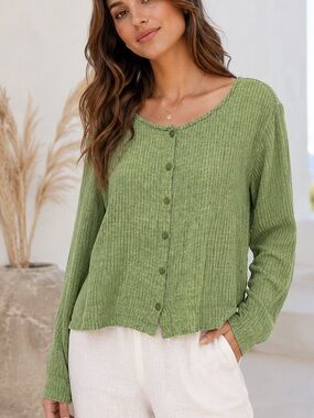 FLAX Green Linen Textured Open-Weave Cropped Boxy Cardigan Large